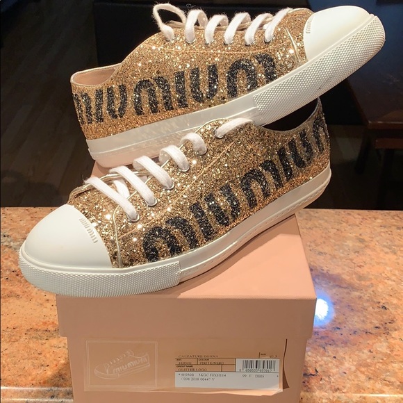 Prada Shoes - ⭐️ Authentic Miu Miu 2018 Logo Gold Glitter Sneaks